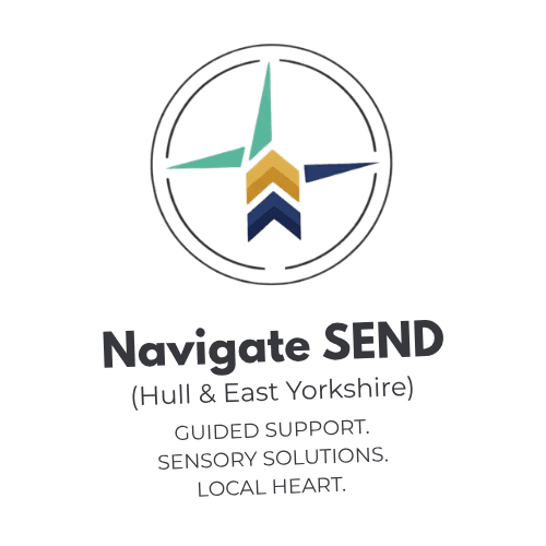 Navigate SEND logo featuring a four‑point compass in teal, green, yellow, and navy blue. Below the compass, the text reads: ‘Navigate SEND (Hull & East Yorkshire) – Guided Support. Sensory Solutions. Local Heart.’ The design represents guidance, community support, and sensory‑friendly services in Hull and East Yorkshire.